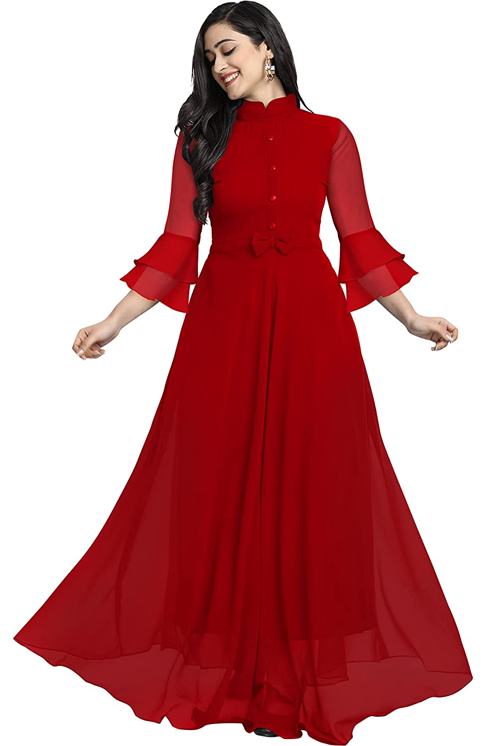 FIBREZA Women's Georgette Traditional A Line Western Long Dress with Collar Neck Flare Sleeve Pattern -  Dresses in Sri Lanka from Arcade Online Shopping - Just Rs. 6299!